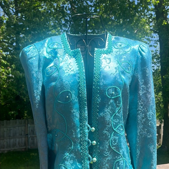 Teal Blue Embroidered 80s Vintage Nah Nah Collection Blazer Structured Shoulders - Picture 8 of 15